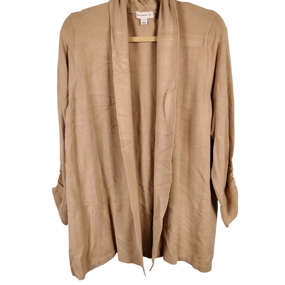 Susan Graver Womens 1X Ruched Sleeve Open Front Cardigan Tan Rayon Minimalist